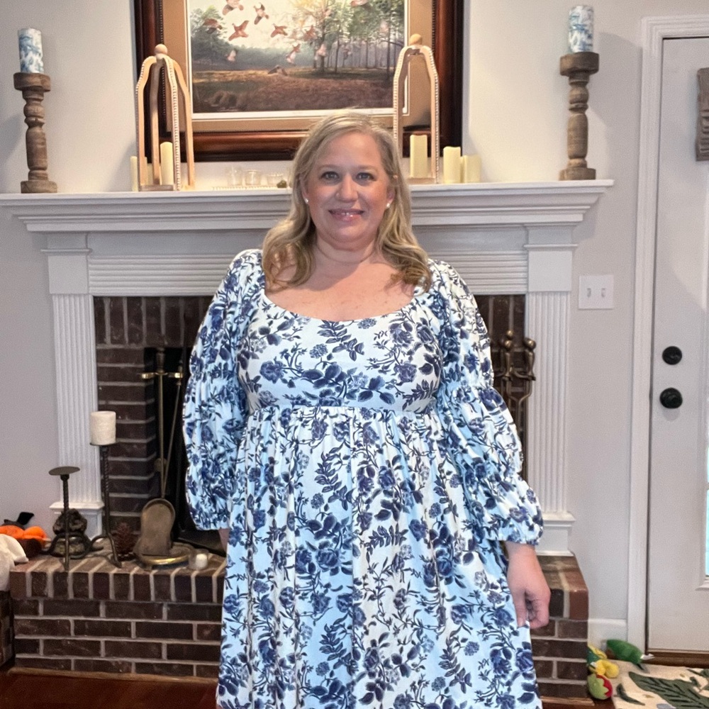 Chic Long Sleeve Floral Dress in Blue and White